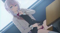 1girls alisa_mikhailovna_kujou black_skirt black_vest blue_eyes bow_panties bowtie chair classroom grey_hair grey_jacket hand_up hi_res indoors keihh lifted_by_self long_hair looking_at_viewer panties pearl_thong pleated_skirt purple_panties school_uniform shushing sitting skirt smile table thighhighs tokidoki_bosotto_russian_de_dereru_tonari_no_alya-san white_legwear white_shirt window