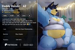 2024 anthro areola armpit_hair artist_name australian_cattle_dog bandit_heeler barazoku bedroom_eyes belly biceps big_belly big_bulge big_muscles bluey_(series) bodily_fluids body_hair bulge canid canine canis cattledog clothed clothing cuckquean daddy_kink digit_ring domestic_dog emoji english_text eyebrows fur genital_fluids grindr hair herding_dog hi_res inside jewelry jockstrap looking_at_viewer male male_only mammal mature_anthro mature_male mullet musclegut muscular muscular_anthro muscular_male narrowed_eyes navel nipples number obliques outcast-stars overweight overweight_anthro overweight_male pastoral_dog patreon pecs precum precum_through_clothing precum_through_jockstrap precum_through_underwear ring ring_(jewelry) screen seductive selfie shirt sitting smile solo stated_bisexuality stated_sexuality tank_top text thick_arms thick_thighs topwear tuft underwear wedding_ring wet wet_clothing wet_jockstrap wet_underwear