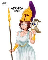 1girls 2024 alvarikokearte artist_logo artist_name athena big_breasts blue_eyes breasts brown_hair deity english_text european_mythology goddess greek_mythology mythology public_domain spanish_text