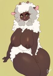 2019 big_breasts black_eyes breasts brown_body brown_skin buxbi female female_only furry nintendo nipples pokemon pokemon_(species) sheep thick_thighs thighs white_hair white_wool wooloo yellow_background yellow_eyes