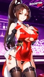 1girls adjusting_panties ai_generated bare_shoulder big_breasts bodycon boosterred99 bridal_gauntlets brown_eyes brown_hair busty cameltoe cleavage clothing_cutout covered_navel covered_nipples cutout dress female female_only king_of_fighters large_breasts latex_panties long_hair mai_shiranui parted_lips ponytail post-timeskip ring seductive seductive_smile sensual shiny_clothes side-tie_panties side_locks sideboob skirt smile solo stockings underboob voluptuous