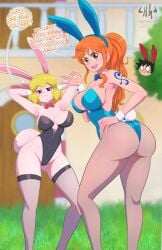 2girls alternate_costume alternate_hairstyle armpits arms_up ass black_legwear black_stockings blonde_hair brown_eyes brown_pantyhose bunny_ears bunny_girl bunny_tail bunnysuit carrot_(one_piece) cleavage english english_text fake_animal_ears female female_only footwear fully_clothed hair_between_eyes hornygraphite large_ass large_breasts long_hair looking_at_viewer medium_hair monkey_d_luffy nami one_piece open_mouth orange_hair playboy_bunny ponytail rabbit_ears rabbit_girl rabbit_tail red_eyes revealing_clothes skimpy_clothes speech_bubble stockings tattoo text thick_thighs thighhighs thighs uncensored wide_hips wrist_cuffs