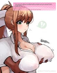 ! bow breast_grab breasts butterflan01 collared_shirt comic dark-skinned_male disembodied_hand doki_doki_literature_club english_text exclamation_point green_eyes groping hairbow inverted_nipples long_hair looking_down monika_(doki_doki_literature_club) nipples no_bra onomatopoeia school_uniform see-through white_bow