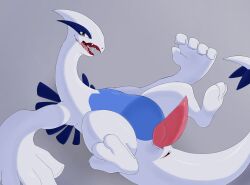 anthro blue_eyes bodily_fluids digital_media_(artwork) drayyko erection feral_only generation_2_pokemon genitals hi_res legendary_pokemon legs_up looking_at_viewer lugia lying male male_only nintendo on_back open_mouth penis pokemon pokemon_(species) saliva saliva_string simple_background smile smiling_at_viewer solo tail teeth tongue white_body