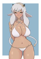 1girls animal_ears ash_(fire_emblem) bikini breasts brown_eyes cleavage cow_ears cow_girl dark-skinned_female dark_skin female female_only fire_emblem fire_emblem_heroes grey_hair horns in2naps large_breasts nintendo smile solo swimsuit tail white_bikini white_swimsuit