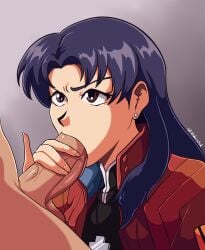 alternate_version_available artist_name balls big_penis blowjob clothed completely_nude_male fellatio grabbing_penis hand_on_penis handjob_while_sucking just_the_tip looking_at_partner misato_katsuragi neon_genesis_evangelion s0_underrated unseen_male_face