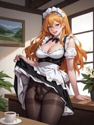 1futa ai_generated big_breasts bulge bulge_through_clothing cleavage dickgirl erect_penis erection erection_under_clothes esendor futa_only futa_sans_pussy futanari huge_cock laced_panties long_hair looking_at_viewer maid maid_headdress maid_uniform naughty_face orange_hair short_penis skirt_lift small_penis solo stable_diffusion tights