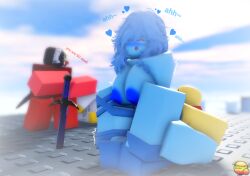 1girls 3boys 3d aged_up areolae background_characters block_tales blue_noob breasts circularx2 cum_inside duo duo_focus english_text hearts looking_pleasured nipples outside red_noob reverse_cowgirl_position roblox roblox_game robloxian self_upload shedletsky sword text thighs