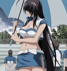 beltskirt blue_skirt cleavage hair_over_one_eye holding_umbrella ikkitousen kanu_unchou long_hair skirt