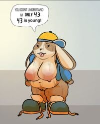 anthro big_breasts bodily_fluids breasts clothed clothing eyelashes female floppy_ears footwear fur genitals hat headgear headwear jacket lagomorph leporid mammal open_mouth overweight overweight_anthro overweight_female oxkingky partially_clothed peeb_(piemations) rabbit shoelaces simple_background solo sweat topwear