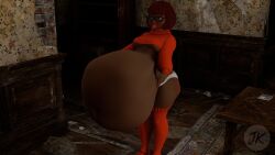 3d ass belly belly_bulge belly_button belly_expansion belly_overhang black_body breasts brown_eyes dark-skinned_female dark_skin female female_pred freckles freckles_on_ass glasses jackiller socks thick thick_thighs underboob velma_(series) velma_dinkley_(velma) vore vore_belly