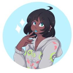 ahoge black_hair blue_nails calvin_(kazudanefonfon) dark-skinned_femboy ear_piercing green_eyes headshot_portrait hoodie lipstick lolzneo looking_at_viewer painted_nails thick_lips trap