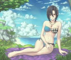 1girls abs asymmetrical_bangs bare_shoulders barefoot beach bikini black_hair breasts cleavage female female_only fire_emblem fire_emblem_engage gofelem hair_between_eyes hair_over_one_eye looking_at_viewer medium_breasts navel nel_(fire_emblem) nintendo outdoors red_eyes short_hair sitting_on_floor sitting_on_towel solo swimsuit thighs toenails toes toned toned_female towel