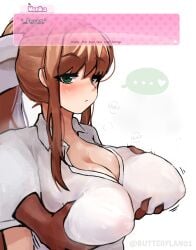 blushing bow breast_grab breasts butterflan01 collared_shirt comic dark-skinned_male disembodied_hand doki_doki_literature_club ellipsis english_text fourth_wall green_eyes groping hairbow half-closed_eyes heart inverted_nipples long_hair looking_at_viewer monika_(doki_doki_literature_club) motion_lines nipples no_bra school_uniform see-through speech_bubble spoken_heart sweat talking_to_viewer white_bow