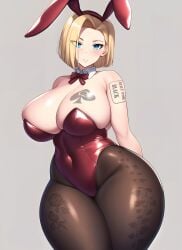 ai_generated android_18 blonde_hair bunnysuit child_bearing_hips cuckold dark-skinned_male dragon_ball dragon_ball_super dragon_ball_z hartman_hips huge_breasts interracial netorare ntr queen_of_spades slender_waist slim_waist tattoo thick_thighs thin_waist tiny_waist wide_hips