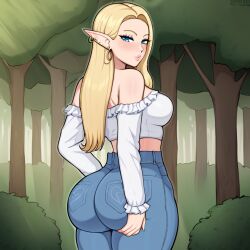 1girls ai_generated arched_back ass big_ass blonde_hair blonde_hair blush dumptruck_ass earrings elf elf_ears female from_behind green_eyes jeans light-skinned_female nai_diffusion outdoors pawg stable_diffusion tight_clothing tight_jeans white_shirt