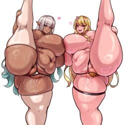 2girls blonde_hair chubby dark_skin dark_skinned_female heart horns huge_breasts leg_lift light_skin looking_at_viewer silver_hair thick_thighs thighhighs wet wet_tea