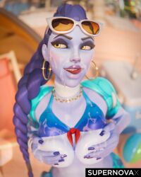 3d 3d_(artwork) beach big_breasts big_lips bikini blender_(software) covered_nipples cum cum_on_breasts cum_on_face eyeglasses hoop_earrings long_hair overwatch overwatch_2 smile supernovax tagme tongue tongue_out widowmaker