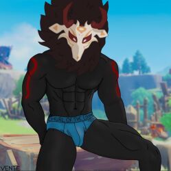 1boy abs anus balls bara erection gay genshin_impact grass grass_field horns hoyoverse male male_only mask mihoyo mitachurl muscles muscular muscular_male nipples nude pecs penis sitting sitting_down solo tattoo tattoos underwear yaoi