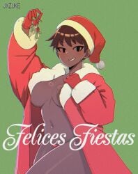 big_breasts brown_hair christmas christmas_clothing dark-skinned_female gloves jxzuke lucy_(jxzuke) mistletoe nude_female red_gloves santa_hat thong_only