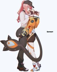 pomuya hololive hololive_english mori_calliope gigi_murin hololive_myth hololive_english_-justice- 2girls yuri clothing fully_clothed grabbing_ass height_difference tail light-skinned_female pink_hair multicolored_hair smothering vtuber virtual_youtuber