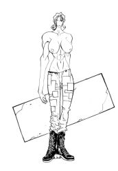 1girls big_breasts black_boots boots comic_page edit edited_screencap elendira_the_crimsonnail elendira_the_crimsonnail_(trigun_maximum) exposed_breasts manga manga_page muscular_female pants screencap solo suitcase topless trigun trigun_maximum voluptuous_female