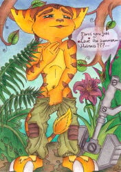 1boy 2009 2_toes 5_fingers anthro english_text flower furry gay green_eyes hobbesrazz male male_only no_visible_genitalia ratchet_(ratchet_and_clank) ratchet_and_clank solo tail text traditional_media vegetation video_games wrench yaoi