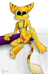 1boy 2008 3_toes 4_fingers anthro dated gay green_eyes lekko male male_only ratchet_(ratchet_and_clank) ratchet_and_clank simple_background solo tail video_games white_background yaoi