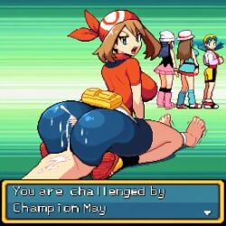 ai_generated ass assjob big_ass big_breasts big_butt breasts buttjob censored_penis covered_assjob covered_buttjob cum cum_on_ass cum_on_self female femdom grinding_on_ass grinding_on_penis grinding_penis_on_ass hotdogging huge_ass male may_(pokemon) nintendo penis pixel_art pokemon smile two-tone_gloves