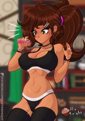 1girls brown_hair green_eyes ponytail tan tan_body tan_skin tan-skinned_female solo solo_focus solo_female surprised mole mole_on_face mole_on_breast large_breasts thin_waist athletic athletic_female thick_thighs underwear bra panties black_bra black_panties muffinknight muffin_(muffinknight) looking_down choker thighhighs earrings nose_piercing bracelet hourglass_figure breeding_material wife_material breedable breasts hips potion spilling spilling_liquid bottle