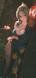 gintama tsukuyo looking_at_viewer blonde_hair tied_hair scar scar_across_eye facial_scar kimono japanese_clothes big_breasts cleavage hair_ornament kunai purple_eyes side_slit fishnets thighhighs single_detached_sleeve no_bra standing smoking smoking_pipe pipe kiseru lantern detailed_background shiny_kanau