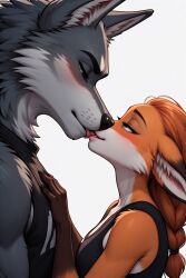age_difference ai_generated anthro anthro_on_anthro fox_girl furry_only kiss_on_lips kissing larger_male larger_male_smaller_female size_difference smaller_female wolf_man
