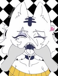 rishmimu suzu_(rishmimu) voidovoiderino voiderino voider_(artist) fingers_in_another's_mouth opening_mouth fingers_inside_mouth one_eye_closed eyeliner anthro anthro_female blank_eyes yellow_sweater white_background blank_background choker choker_collar medium_hair white_fur torso_shot torso white_body tiger_ears tiger_girl tiger_print tiger_stripes messy_hair messy tongue_out sharp_teeth pov pov_eye_contact hands_on_another's_face wink winking_at_viewer winking_eye winking looking_at_viewer dark_skin tongue salivating saliva_trail saliva saliva_drip saliva_string pov_hands pov_arms female_focus anthro_focus human_on_anthro animated animated_image animated_gif animated_background checkered_background