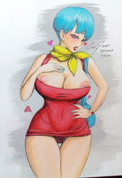 1girls areola blue_eyes blue_hair breasts bulma_briefs busty cleavage dragon_ball dragon_ball_super female female_only heavenly_butts hoop_earrings hourglass_figure huge_breasts lipstick milf nail_polish nipples off_(artist) panties red_lips short_hair solo theentofcaelum voluptuous wide_hips