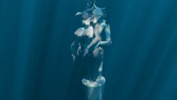 1boy 1girls air_bubbles beastars bubbles concrete drowning female furry handcuffs juno_(beastars) legoshi_(beastars) male nude ocean peril sea sinking underwater underwater_peril voyage_tales