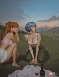 bandaged_leg breasts hairpods butt blue_hair 2girls multiple_girls sitting sky outdoors tank_top bandaged_head bandages beach collarbone suspender_skirt neon_genesis_evangelion souryuu_asuka_langley ai_generated cleavage cast barefoot bare_shoulders blush big_boobs bandage_over_one_eye big_butt alcohol hair_ornament interface_headset medium_breasts thick_thighs red_eyes aisinful bracer ayanami_rei headgear bodysuit blue_eyes sarashi rei_ayanami ass realistic cloud bandaged_arm rating:safe eyepatch orange_hair large_breasts female plugsuit hi_res long_hair big_ass asuka_langley_sohryu short_hair ocean wide_hips
