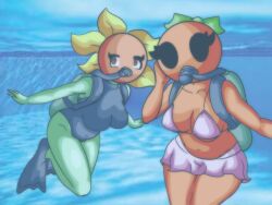 2girls bald bald_female black_eyes brown_eyes chetoh cleavage female female_focus female_only flippers green_body leaf leaf_hair looking_at_viewer looking_to_the_side mandy_(chetoh) mini_skirt oc orange orange_body original original_characters petals plant plant_girl poppy_(chetoh) scuba scuba_gear scuba_mask scuba_tank sunflower swimming swimming_pool swimsuit underwater