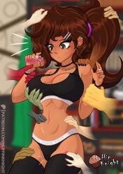 1girls brown_hair green_eyes ponytail tan tan_body tan_skin tan-skinned_female solo solo_focus solo_female surprised mole mole_on_face mole_on_breast large_breasts thin_waist athletic athletic_female thick_thighs underwear bra panties black_bra black_panties muffinknight muffin_(muffinknight) looking_down choker thighhighs earrings nose_piercing bracelet hourglass_figure breeding_material wife_material breedable breasts hips potion spilling spilling_liquid bottle disembodied_hand grabbing_breast grabbing_waist groping being_groped grabbing_hips hand_on_waist hand_on_shoulder hand_on_head hand_on_thigh grabbing_thigh