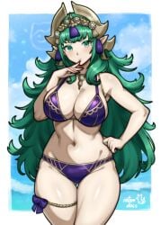 1girl absurdres alternate_costume artist_name bare_arms bare_shoulders bikini blue_sky bow intelligent_systems alluring cloud collarbone commentary commission cowboy_shot curvy english_commentary finger_to_mouth fire_emblem fire_emblem:_fortune's_weave gluteal_fold green_eyes green_hair hand_on_own_hip hand_up highres ko-fi_commission large_breasts light_blush long_hair looking_at_viewer navel nintendo ocean outdoors purple_bikini purple_bow rotomdocs sideboob signature skindentation sky solo sothis_(adult)_(fire_emblem) sothis_(fire_emblem) standing stomach swimsuit thick_thighs thigh_bow thigh_strap thighs very_long_hair