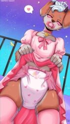 canine abdl anthro bdsm blush clothed clothing diaper diaper_fetish male fur hat looking_at_viewer object_in_mouth padded solo stockings wearing_diaper pacifier pacifier_in_mouth hypnosis hypnotic_eyes princess pink_dress tiara collar choker clothing_lift dress_lift femboy furry furry_only femboy_only ych commission meowtat