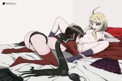 2girls accurate_art_style ahoge akamatsu_kaede artist_name bangs bed big_breasts black_panties blonde_female blonde_hair breasts brown_hair cunnilingus danganronpa danganronpa_v3 earring eromelaart female hair_ornament hairpin hand_on_breast hand_on_head harukawa_maki highres human legwear licking licking_pussy medium_breasts mouth_open nipples panties pussy red_legwear rubbing_pussy sheets shirt_lift shirt_up socks stockings tagme tongue twintails undressed upper_teeth yuri