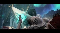 2girls 3d animated arm_support big_breasts black_hair breasts campfire cum cunnilingus dominant dominant_female eating_pussy female female/female female_only huge_breasts lesbian_couple lesbian_sex lydia_(skyrim) moaning multiple_girls nude nude_female on_back oral oral_sex red_hair shaved_pussy short_playtime shorter_than_10_seconds skyrim sound spread_legs submissive submissive_female tagme the_elder_scrolls video yuri