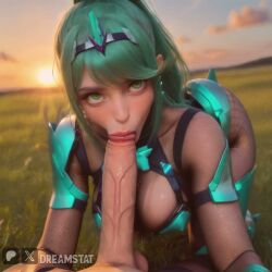 1boy 1girl :>= ai_assisted ai_generated all_fours animated bangs bodysuit breasts cleavage dreamstat erection fellatio field fishnets gloves grass green_eyes green_hair hanging_breasts headpiece large_breasts large_penis lips long_hair looking_at_viewer oral outdoors penis pneuma_(xenoblade) ponytail pov signature sky solo_focus sound straight sun sunset swept_bangs tagme testicles tiara uncensored veins veiny_penis video xenoblade_(series) xenoblade_chronicles_2