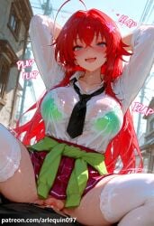 ai_generated rias_gremory high_school_dxd arlequin097 1girl long_hair breasts looking_at_viewer blush smile open_mouth bangs blue_eyes skirt large_breasts shirt hair_ornament thighhighs long_sleeves 1boy hair_between_eyes underwear school_uniform collarbone white_shirt ahoge hetero heart thighs red_hair sweat pleated_skirt outdoors censored necktie penis pussy solo_focus day collared_shirt spread_legs sex miniskirt bra mosaic_censoring vaginal arms_up sweater white_thighhighs wet see-through red_skirt pov plaid_skirt cardigan straddling girl_on_top lace_trim arms_behind_head black_necktie cowgirl_position clothed_sex crossed_bangs star_hair_ornament lace-trimmed_bra clothes_around_waist bra_visible_through_clothes loose_necktie green_bra sweater_around_waist