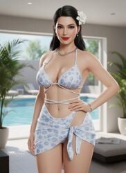 1girls 3d ai_generated belly_button bikini black_hair blurry_background bracelet chain_necklace cleavage earrings eyelashes female floral_print flower_in_hair flower_print gemini hand_on_hip hourglass_figure large_breasts light-skinned_female lipstick long_hair looking_at_viewer loose_hair medium_breasts milf narrow_waist necklace one_hand_on_hip poolside potted_plant realistic rgomez007 sarong seductive_look self_upload slight_smile solo_female standing swimming_pool swimsuit underboob warm_lighting