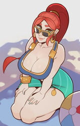 1girls alternate_costume beach beauty_mark big_breasts breasts cassie_(paladins) cleavage female female_only glasses hands_on_own_thighs large_breasts long_breasts looking_at_viewer looking_over_eyewear looking_over_glasses lots_of_jewelry on_knees paladins ponytail red_hair redhead solo splashbrush sunglasses sunkissed_cassie tight_dress tinted_eyewear