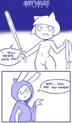 2018 4_fingers annie_(disfigure/rafielo) anthro clothing dialogue digital_media_(artwork) disfigure duo english_text feline female flat_chested garcia hair hair_over_eye hi_res lagomorph lightsaber mammal monochrome navel nipples parody pussy rabbit robe short_hair star_wars text