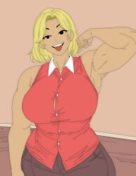 rita_loud the_loud_house nickelodeon nicktoons 1girl solo blonde_hair short_hair huge_breasts massive_breasts cleavage muscular_female huge_muscles abs toned flexing bicep_flex double_bicep_pose open_mouth tongue_out smile confident looking_at_viewer red_shirt open_shirt button_down_shirt brown_pants indoors simple_background highres artvi tagme