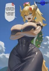 1girls ai_generated anger_vein angry big_breasts black_dress blonde_hair bowsette busty choker covered_abs crossed_arms crown dress earrings english_text female from_below huge_breasts mario_(series) muscular muscular_female open_mouth outdoors ponytail priestofart sharp_teeth shiny speech_bubble sundress tail text thick_thighs watermark wide_hips