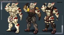 1boy 2013 3_toes 5_fingers alister_azimuth anthro armor balls_outline bara black_eyebrows bulge character_sheet dated furry gay male male_only muscular nipple_piercing nipples penis_outline piercing puffy_nipples ratchet_and_clank red_eyes rocketlombax simple_background solo thick_eyebrows video_games yaoi yellow_sclera